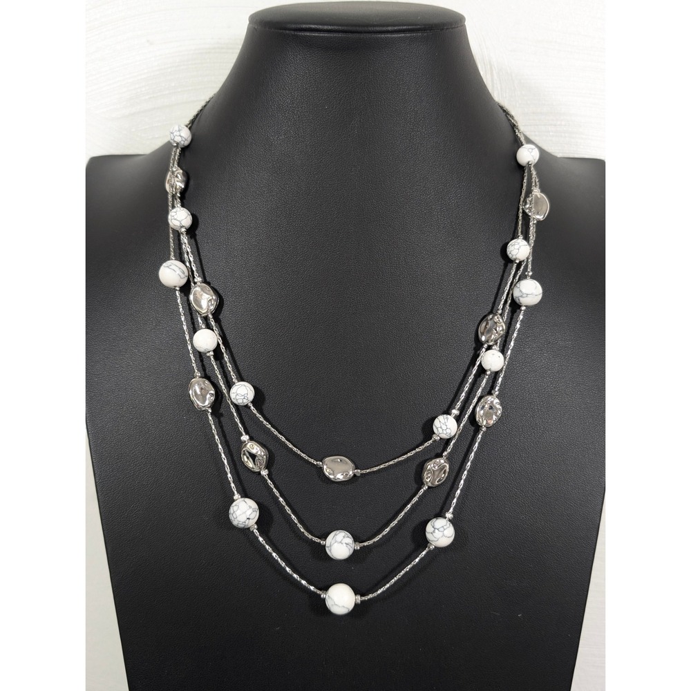 Silver Tone Multi Chain Marble Stone‎ Station Necklace Layered 22.5in